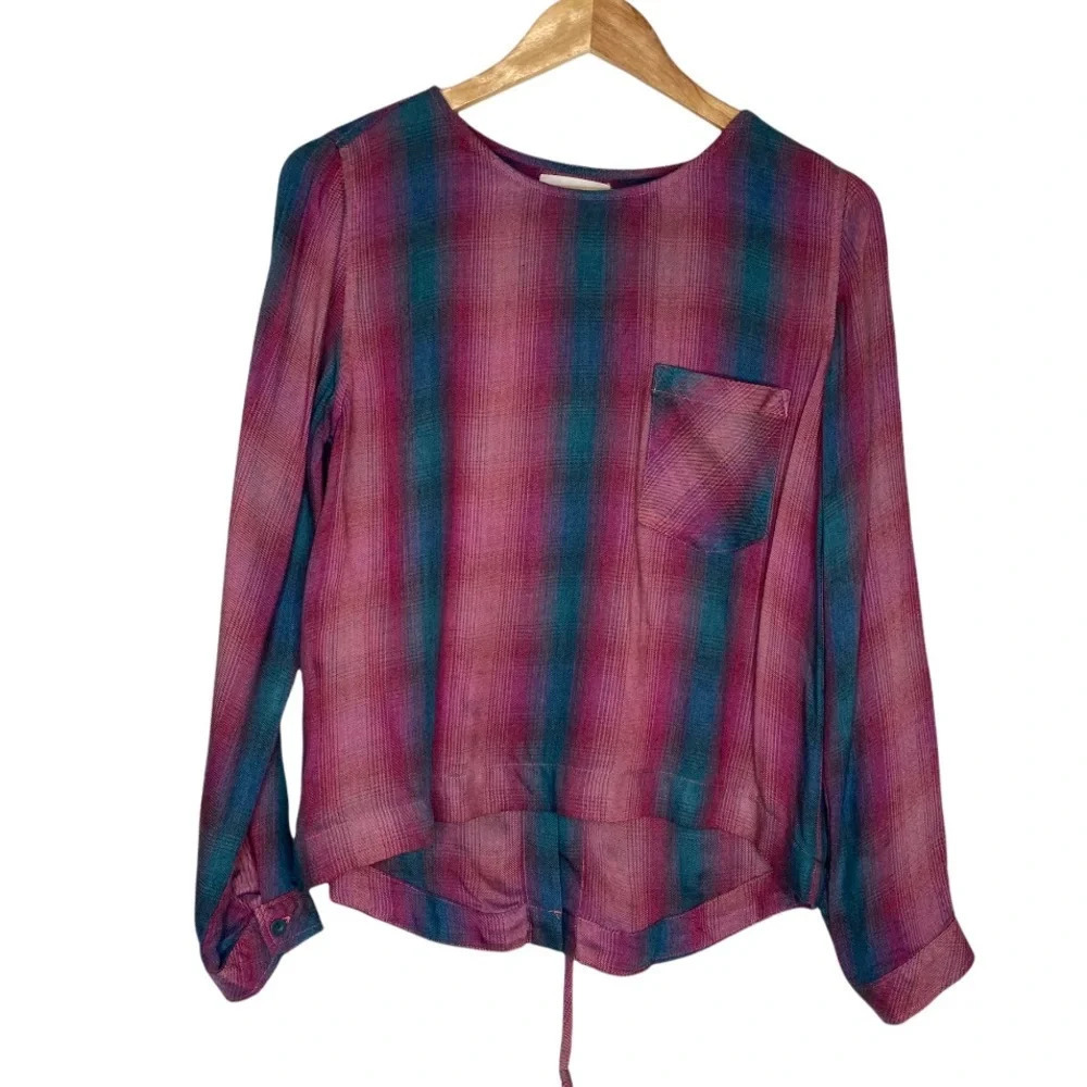 Anthropologie Cloth & Stone Plaid Lace-Up Back Top Size Small
